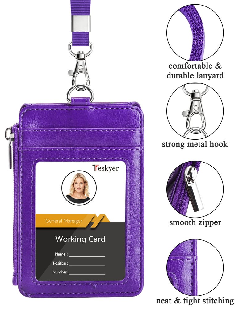Teskyer Badge Holder with Side Zip Pocket, Multiple Card Slots Leather ID Holder Wallet with Neck Lanyard for Office Staffs, Teachers/Students, Couriers, Workers, Purple - Image 3